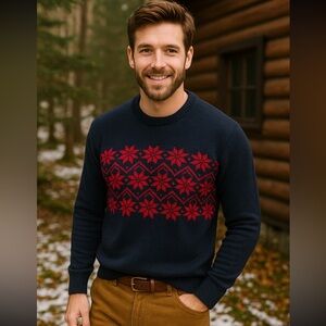 Gap Men’s Sweater Size L Navy Red Fair Isle Pattern 100% Cotton Crewneck Preppy